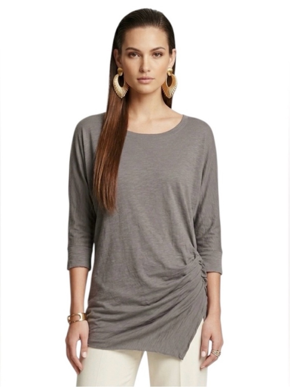 New Anthropologie Cotton Tunic Top L Relaxed Ruching Minimalist Contemporary